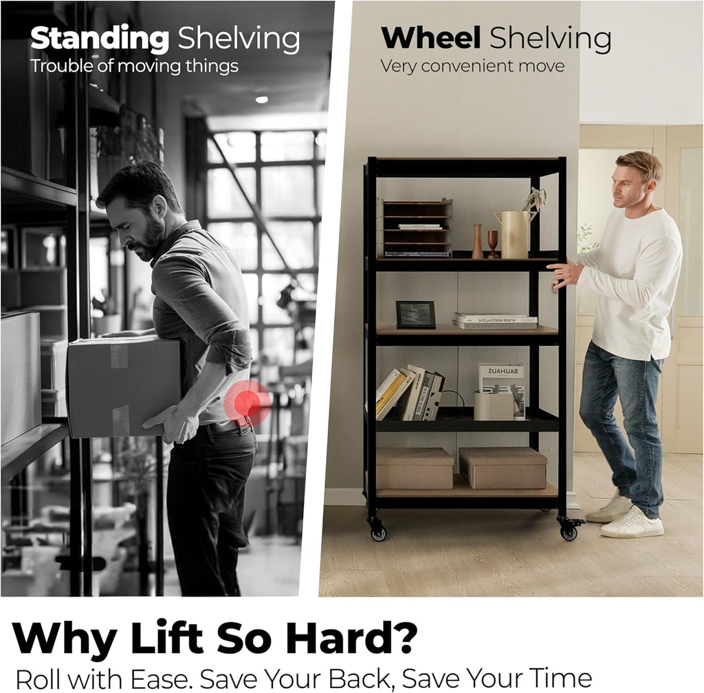 HOMEDANT House 5-Tier Metal Boltless Rolling Cart Shelf Rack Casters Heavy Duty Wheel Shelving Unit Adjustable Utility Storage Shelves Organizer Shelf Kitchen Garage 48.1" W x 18.5" D x 75.4" H 2Pack
