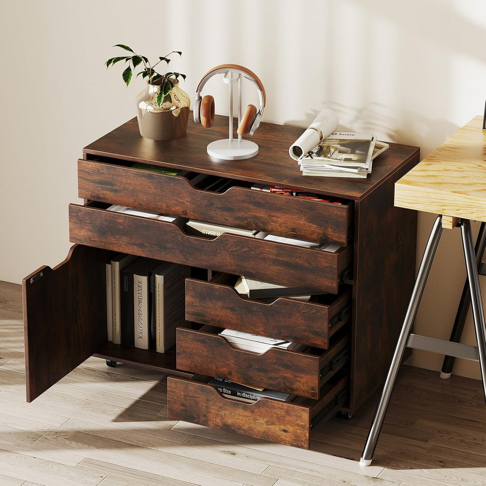 POWERSTONE Rolling File Cabinet 5-Drawer & One Side Door Storage Unit, Wo...