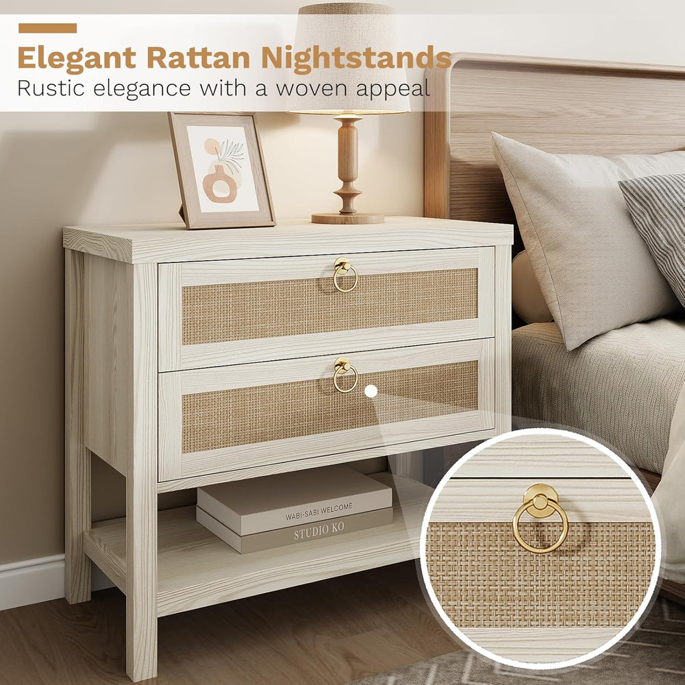 Eclatara Large Rattan Night Stand Set of 2 with 2 Drawers and Storage Shelf |...