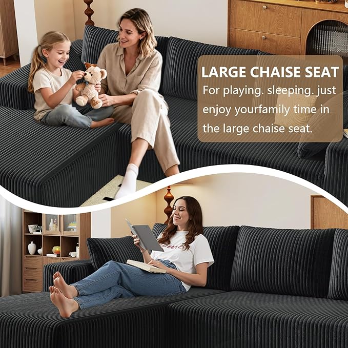 96" Modular Sectional Couch, Boneless L Shaped Cloud Sofa with Chaise Lounge, Corduroy Upholstered Couches Memory Foam Deep Seat, No Assembly Required, Ideal for Living Room(Black, Left Facing)