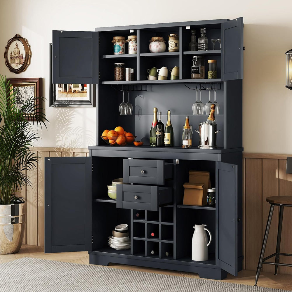 Coffee Bar Cabinet with Storage, 9-Grid Wine Rack & Drawers, Farmhouse Ki...