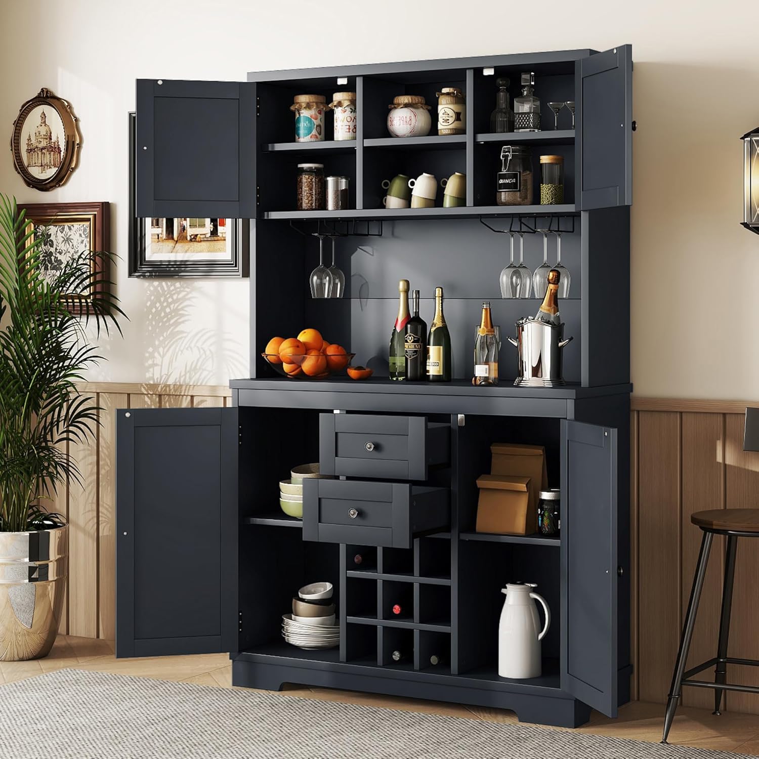Farmhouse Kitchen Buffet Cabinet with Storage, Dark Blue Food Pantry Organizer with Wine Racks, Glass Shelves & Drawers for Dining Room