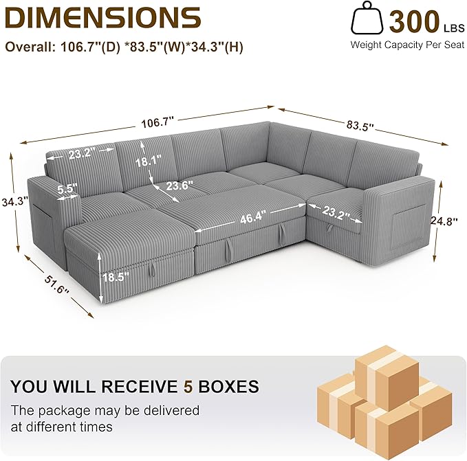 106.7" Sectional Sleeper Sofa with Pull Out Couch, Modern 7 Seat U Shaped Modular Couch, Sectionals Modular Sofa with Storage, Comfy Corduroy Couches Sectional for Living Room & Apartment, Gray