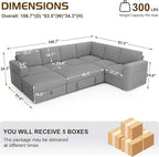 106.7" Sectional Sleeper Sofa with Pull Out Couch, Modern 7 Seat U Shaped Modular Couch, Sectionals Modular Sofa with Storage, Comfy Corduroy Couches Sectional for Living Room & Apartment, Gray
