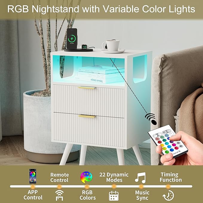 White Nightstand with Charging Station and LED Lights,Modern Bedside Table wi...