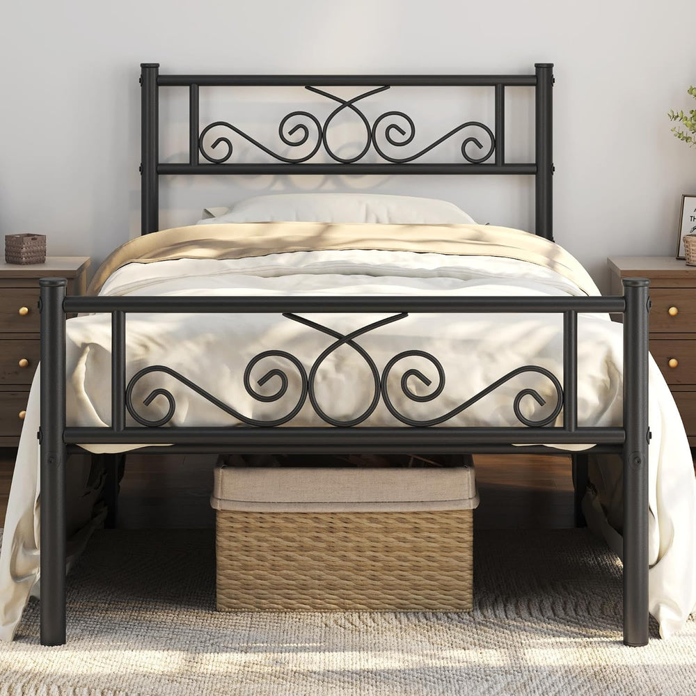 Yaheetech Twin Metal Bed Frame with Scroll Headboard and Footboard Black