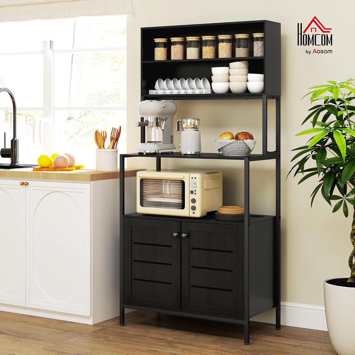 HOMCOM Kitchen Bakers Rack with Power Outlet, Coffee Bar Cabinet, Black | Microwave Stand, Storage Shelves, Louvred Door Cabinets, 31.5" x 16.5" x 67.3"