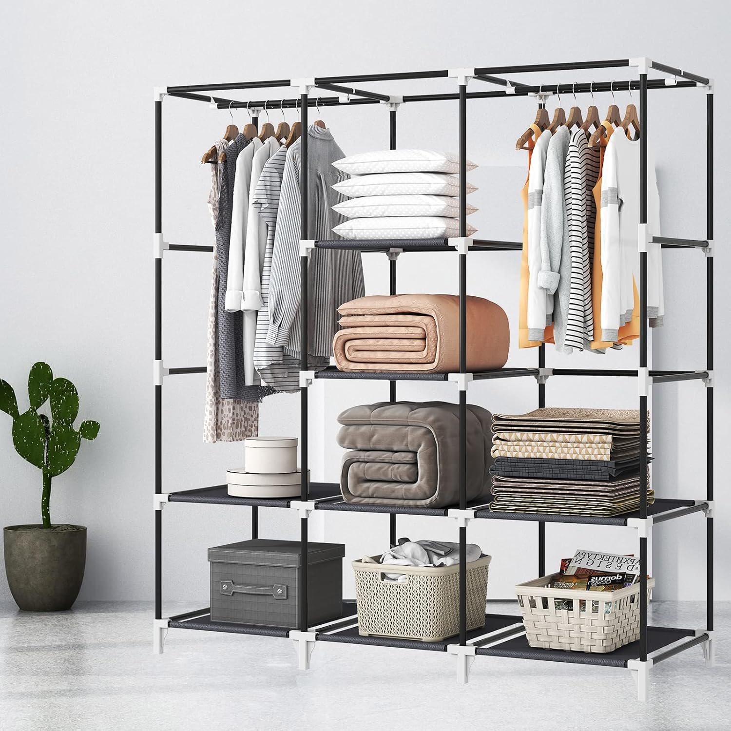 Portable Closet, 51 Inch Wardrobe Closet for Hanging Clothes with 2 Hanging Rods, 8 Storage Organizer Shelves for Bedroom, Durable and Easy to Assemble, Grey