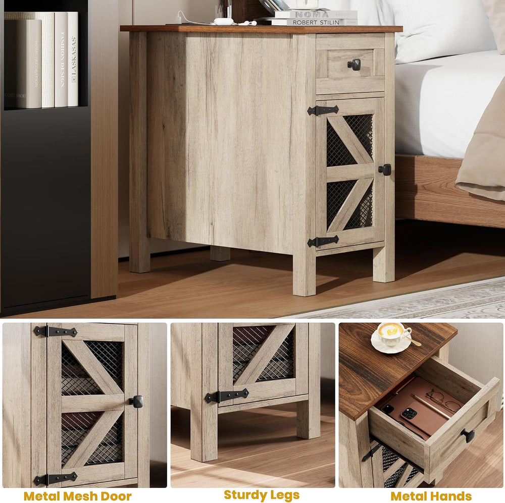 HAIOOU Farmhouse End Table with Charging Station, Narrow Side Tables with Sto...