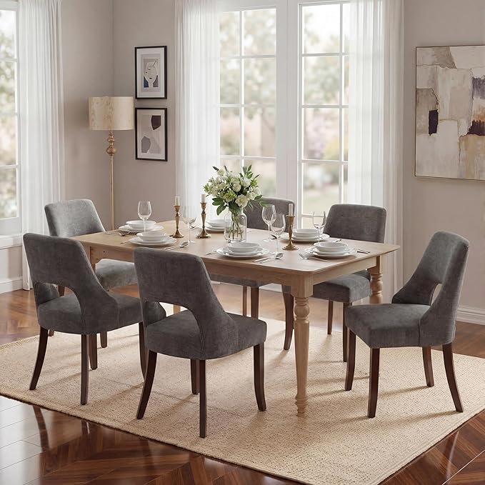 UVV Wooden Dining Chairs Set of 6, Mid Century Upholstered Dining Room Chair Kitchen Chairs, Chenille Dinner Chair with Solid Wood Legs for Kitchen Dining Room, Dark Grey