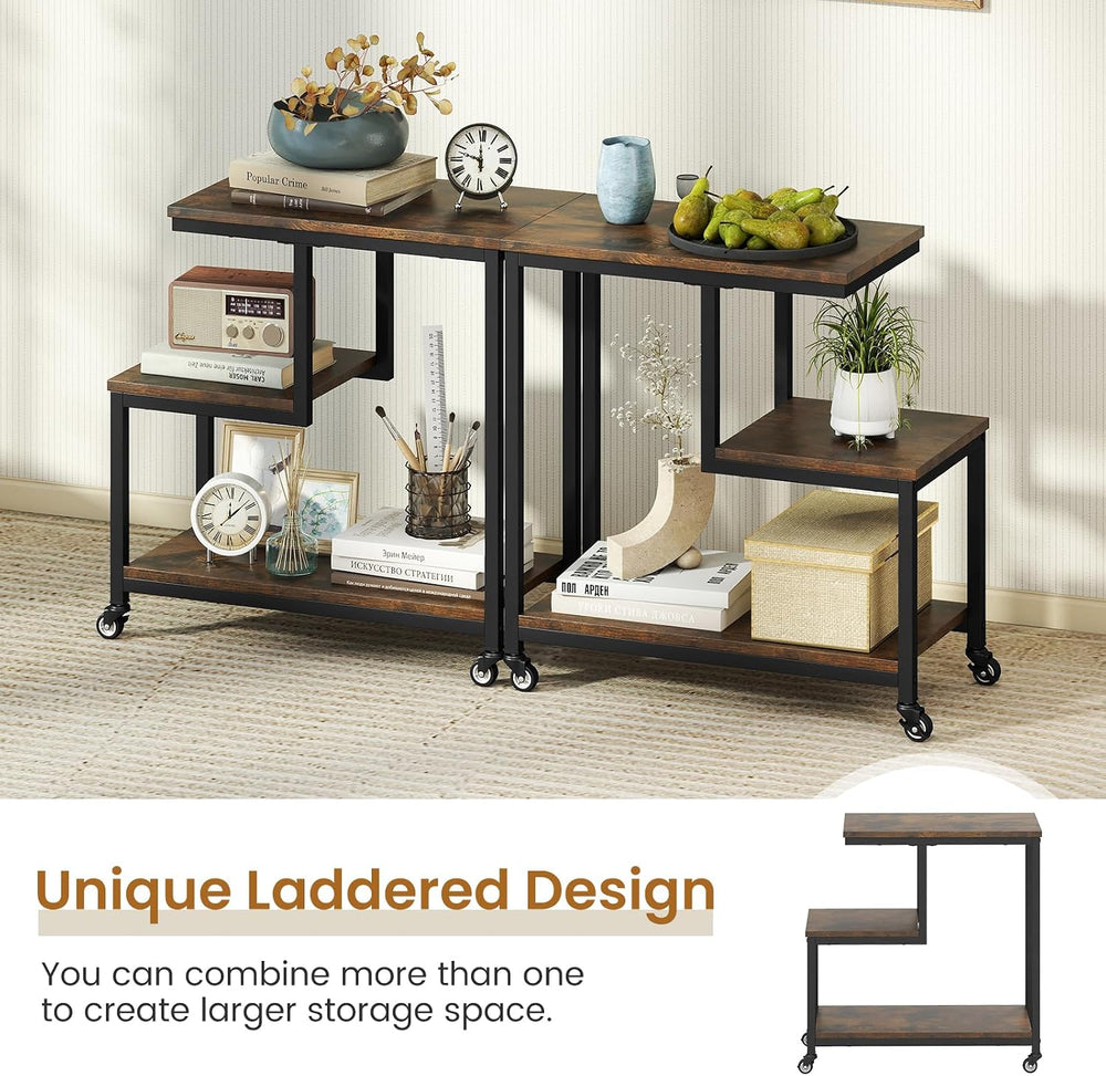 GOFLAME G-Shaped End Table, 3-Tier Sofa Side Table with Wheels, Open Shelves,...