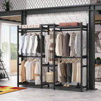Homykic Bamboo Closet System Clothes Rack, Large Freestanding Garment Rack Clothing Rack for Hanging Clothes with 7 Storage Shelves and 5 Rods, Open Wardrobe Organizer with 4 Hooks, Black