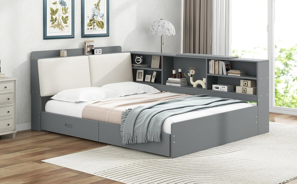 Peanu Full Bed Frame, Storage Headboard, Gray Upholstered Wood