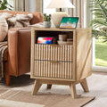 Fluted Nightstand - 24" Modern Bedside Table w/ 2 Drawers, Wood Bed Side End Table with Open Shelf, Night Stand with Storage Drawer, Curved Design Night Stands for Bedroom Living Room (Nature)