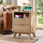 Fluted Nightstand - 24" Modern Bedside Table w/ 2 Drawers, Wood Bed Side End Table with Open Shelf, Night Stand with Storage Drawer, Curved Design Night Stands for Bedroom Living Room (Nature)