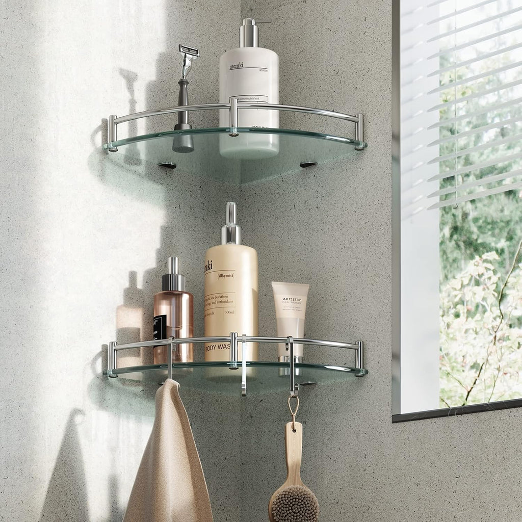 HouseMila Glass Shower Shelves, 2 Tier Tempered Glass Corner Shelf Shower Organizer with Extra 3 Hangers Shower Shelves for Inside Shower