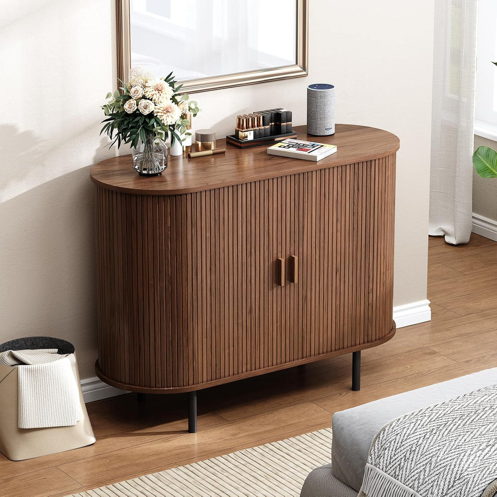 Buffet Cabinet with Storage, Fluted Sideboard Buffet with Sliding Door, Coffe...