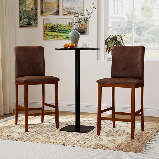 COSTWAY Upholstered Counter Height Bar Stools Set of 2, 26'' Wooden K...