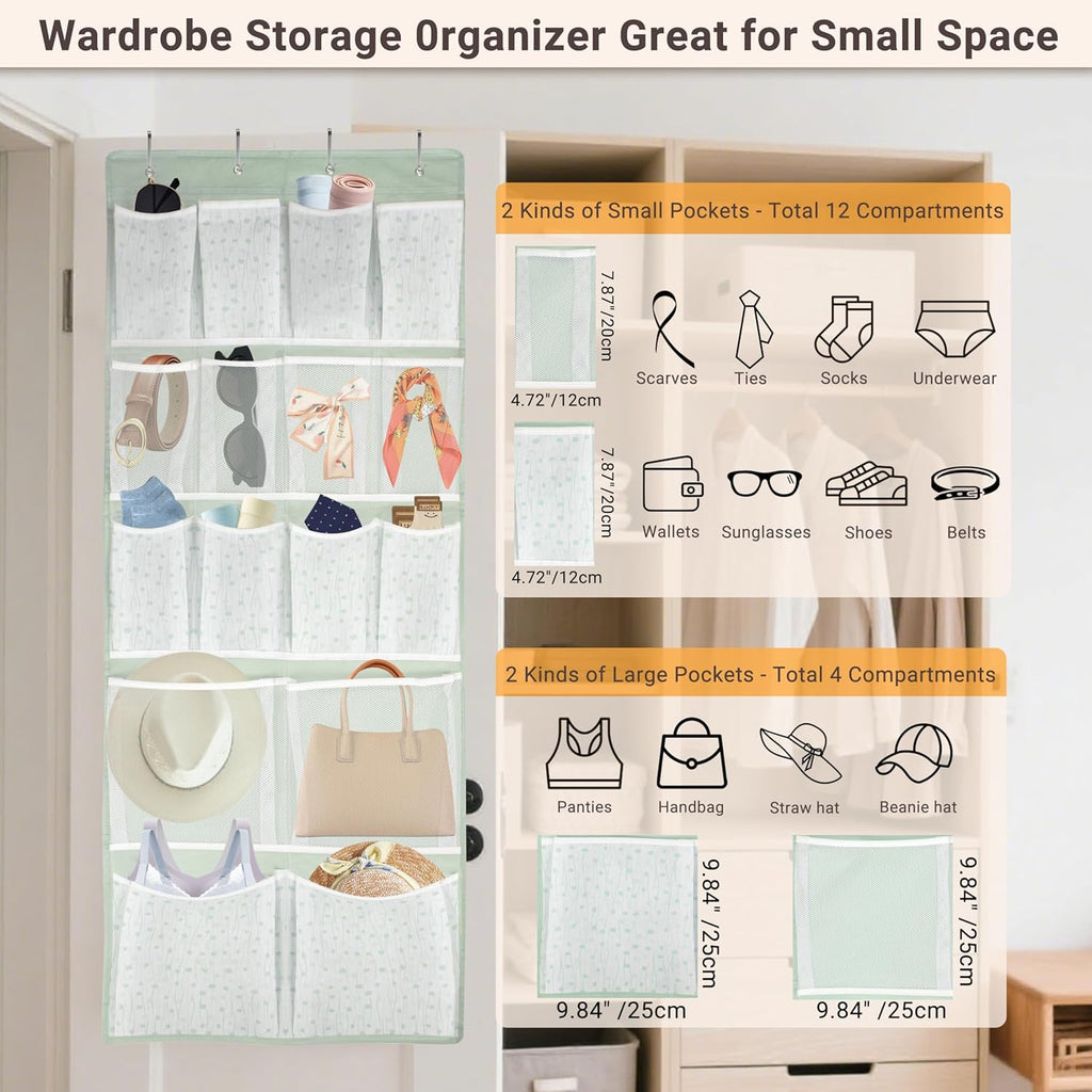 16 Pockets Over Door Hanging Organizer,Back of Door Shoes Organizer with 4 Kind of Pouches,Behind Closet Hanging Shelf Holder for Sock,Hat,Underwear,Travel Outfit,Storage Organization for Home,Dorm,RV