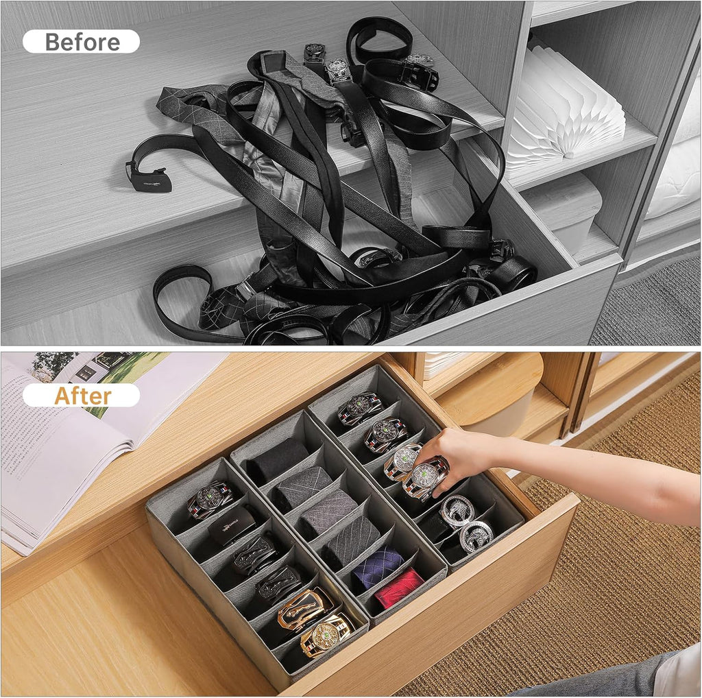 3 Packs Fabric Belt Organizer for Closet and Drawer, Foldable 6 Grids Dresser Drawer Organizers, Belt Tie Holder, Tie Box-Grey