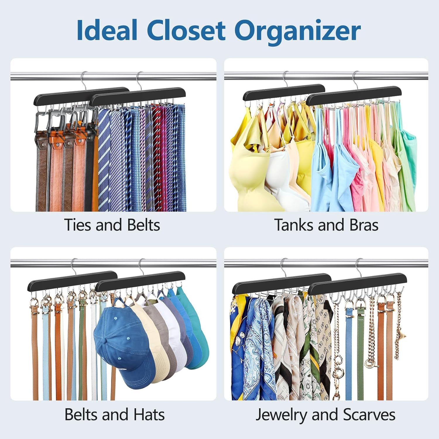 2 Pack Tie Rack & Belt Hanger 2 in 1 Tie Hanger Space Saving Max 42 Belts& 60 Ties Capacity for Closet Organizers and Storage, Sturdy Wood Belt & Tie Collection Organizer