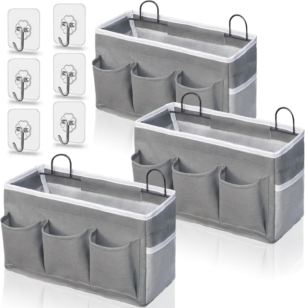 2pcs 3-pockets Large Wall Hanging Organizer Bag, Linen Fabric Door Hanging Storage Baskets with Pockets, Waterproof Bin for Kitchen, Bedroom, Office, RV Camper (Gray-3pcs)