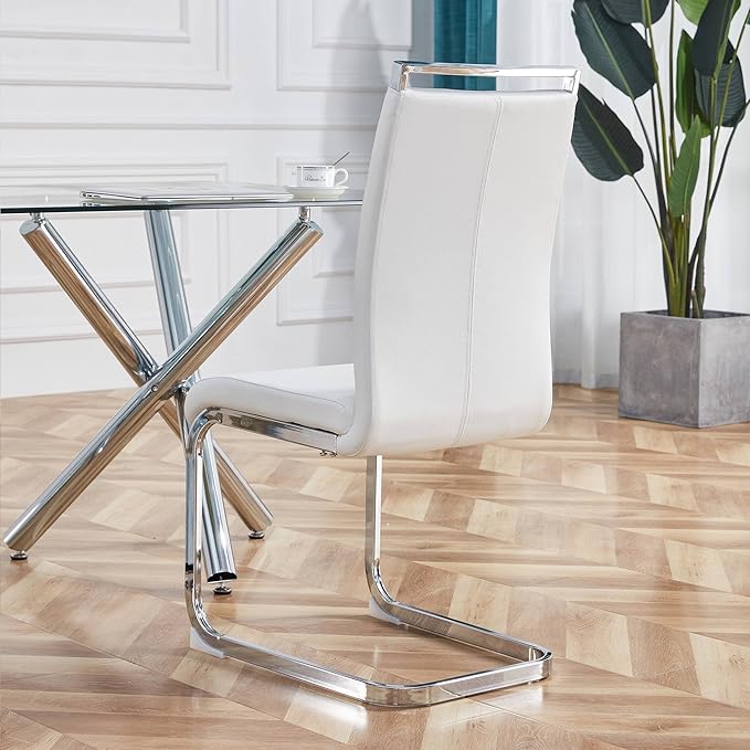 AZmac Modern Leather Dining Chairs Set of 4,Armless Kitchen Chairs,Dining Room Chairs with Upholstered Padded Seat and Sturdy Chrome Legs for Dining Room,Kitchen (Set of 4, White+PU Leather)
