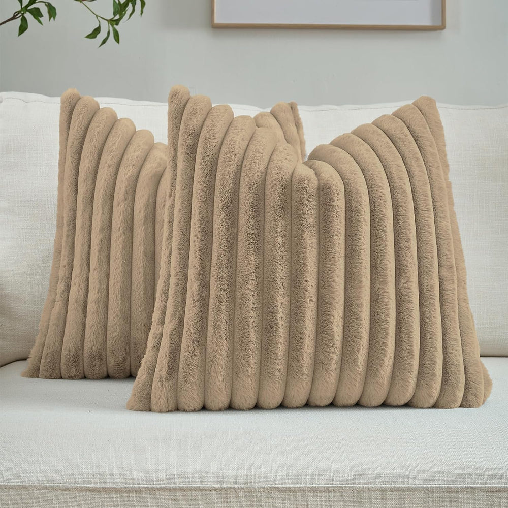 FUTEI Pack of 2 Faux Fur Throw Pillow Covers 28x28 Inch, Khaki