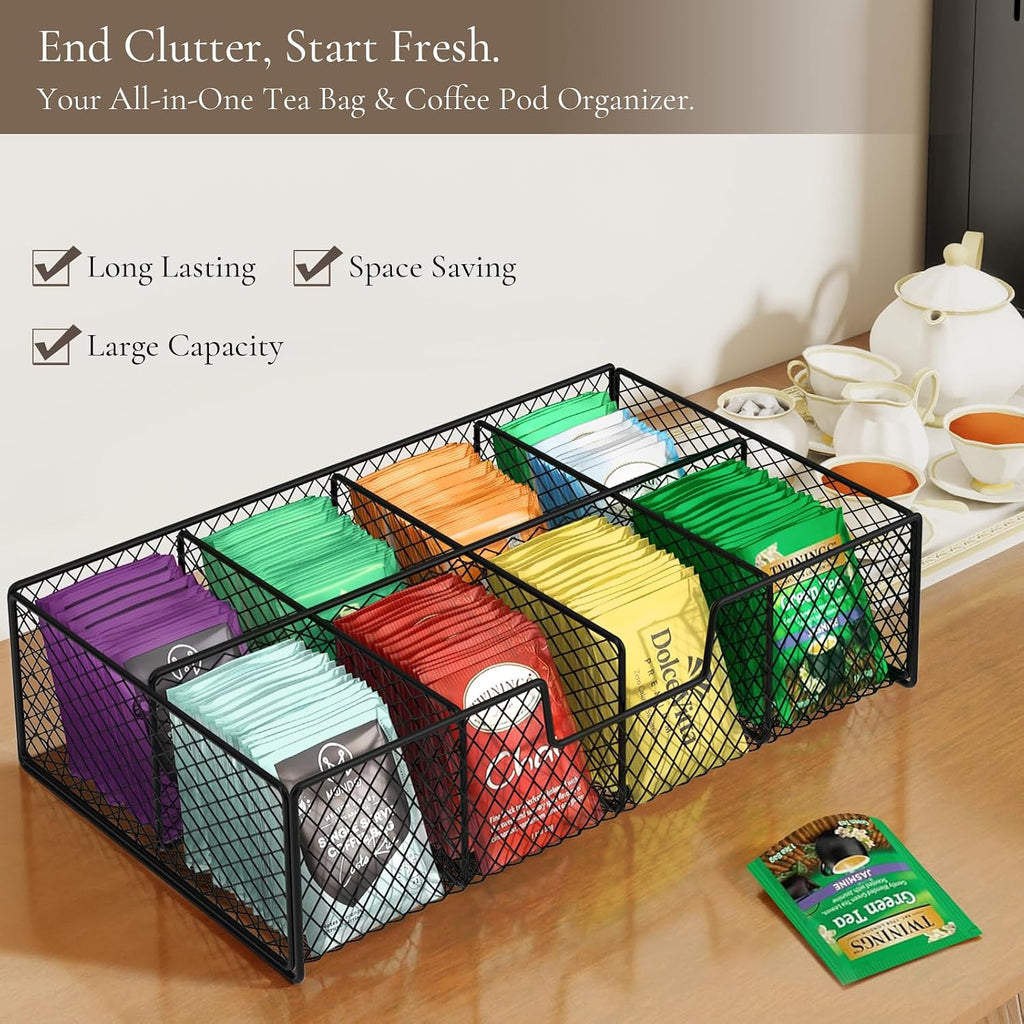 Tea Bag Organizer with Drawer, Tea Caddy for Countertop, Rustic | Wooden Tea Station Organizer with Drawer, Teabag Holder, Tea Organizers and Storage for Tea Bags, Sugar Packets, Accessories