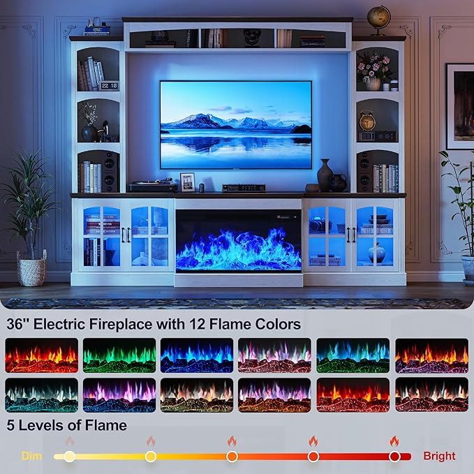 98" Farmhouse TV Stand with 36" Electric Fireplace, Bookshelves, Fits 75" TVs, Entertainment Center with Storage Cabinet, Large Wall Unit Media Console for Living Room, White