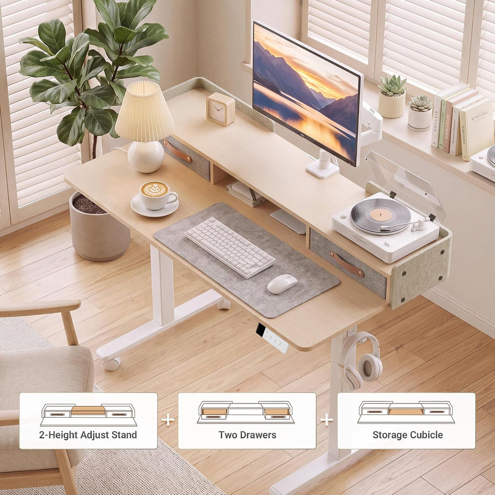 Claiks Standing Desk with Drawers & Wheels, 2 Height Shelf 59" Ntural