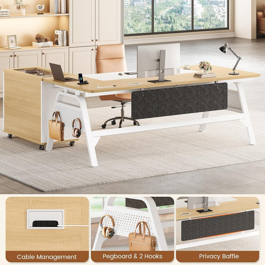 SEDETA L Shaped Computer Desk with Mobile File Cabinet & Power Outlets, Executive Home Office Desk with Storage Drawers, Pegboard, Cable Management, Reversible L Desk for Work & Gaming, White + Oak