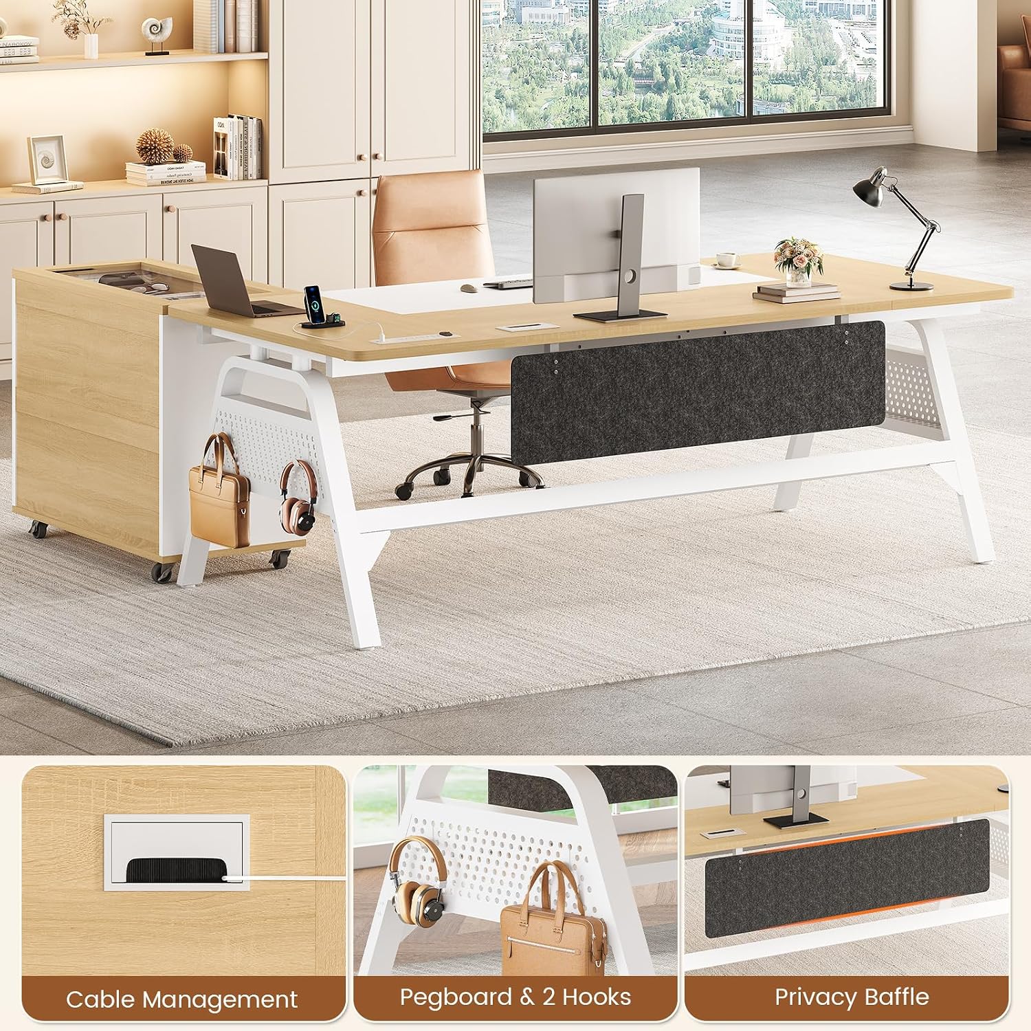 SEDETA L Shaped Computer Desk with Mobile File Cabinet & Power Outlets, Executive Home Office Desk with Storage Drawers, Pegboard, Cable Management, Reversible L Desk for Work & Gaming, White + Oak