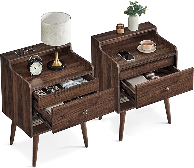 VASAGLE Nightstands, Set of 2, Bedside Tables with Hidden Drawers, Mid-Centur...