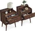 VASAGLE Nightstands, Set of 2, Bedside Tables with Hidden Drawers, Mid-Century End Side Tables with Solid Wood Legs, for Bedroom, Natural Walnut ULET624K01