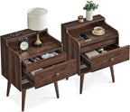 VASAGLE Nightstands, Set of 2, Bedside Tables with Hidden Drawers, Mid-Century End Side Tables with Solid Wood Legs, for Bedroom, Natural Walnut ULET624K01