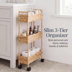 Best Choice Products 3-Tier Slim Water Hyacinth Rolling Nursery Caddy w/Wheels, Handwoven Utility Cart, Narrow Storage Organization for Bathroom, Craft Room, Laundry Room - Natural