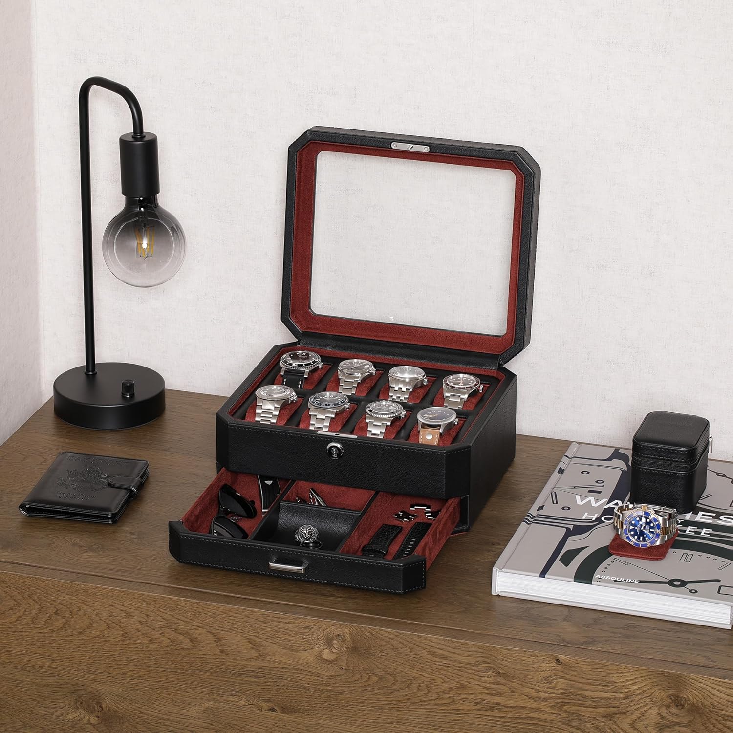 ROTHWELL 8 Slot Leather Watch Box with Valet Drawer - Luxury Case Display Jewelry Organizer, Locking Display Case Holder, Real Glass Top - Watch Box Organizer for Men & Women (Black/Red)