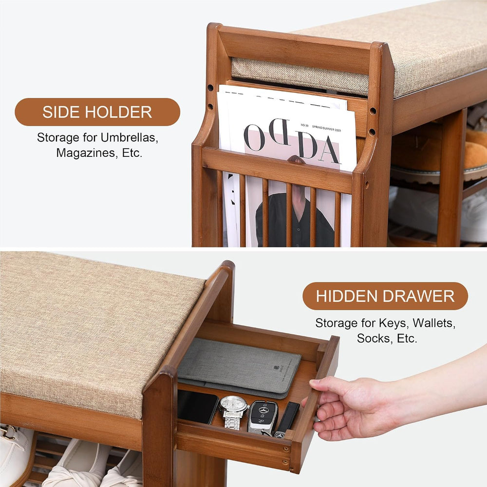 PETKABOO 31.5" Shoe Bench with Coat Rack Hidden Drawer and Side Holder, ...