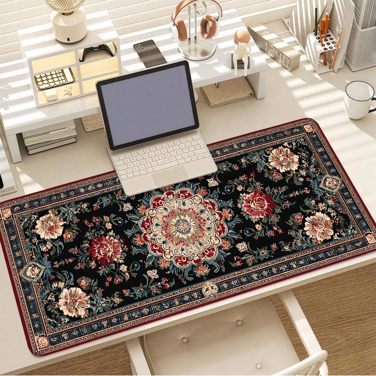 Vintage Persian Carpet Mouse Pad – Large Extended Desk Mat 35.43 x 15.75 in – Oriental Floral Rug Design, Non-Slip Rubber Base, Stitched Edges, Soft Keyboard & Mouse Mat for Office or Gaming