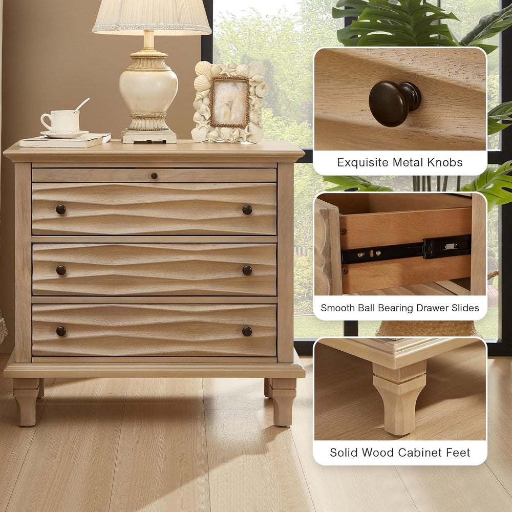 Traditional Wave Textured Nightstand, 3 Drawers Farmhouse Bedside Table with ...