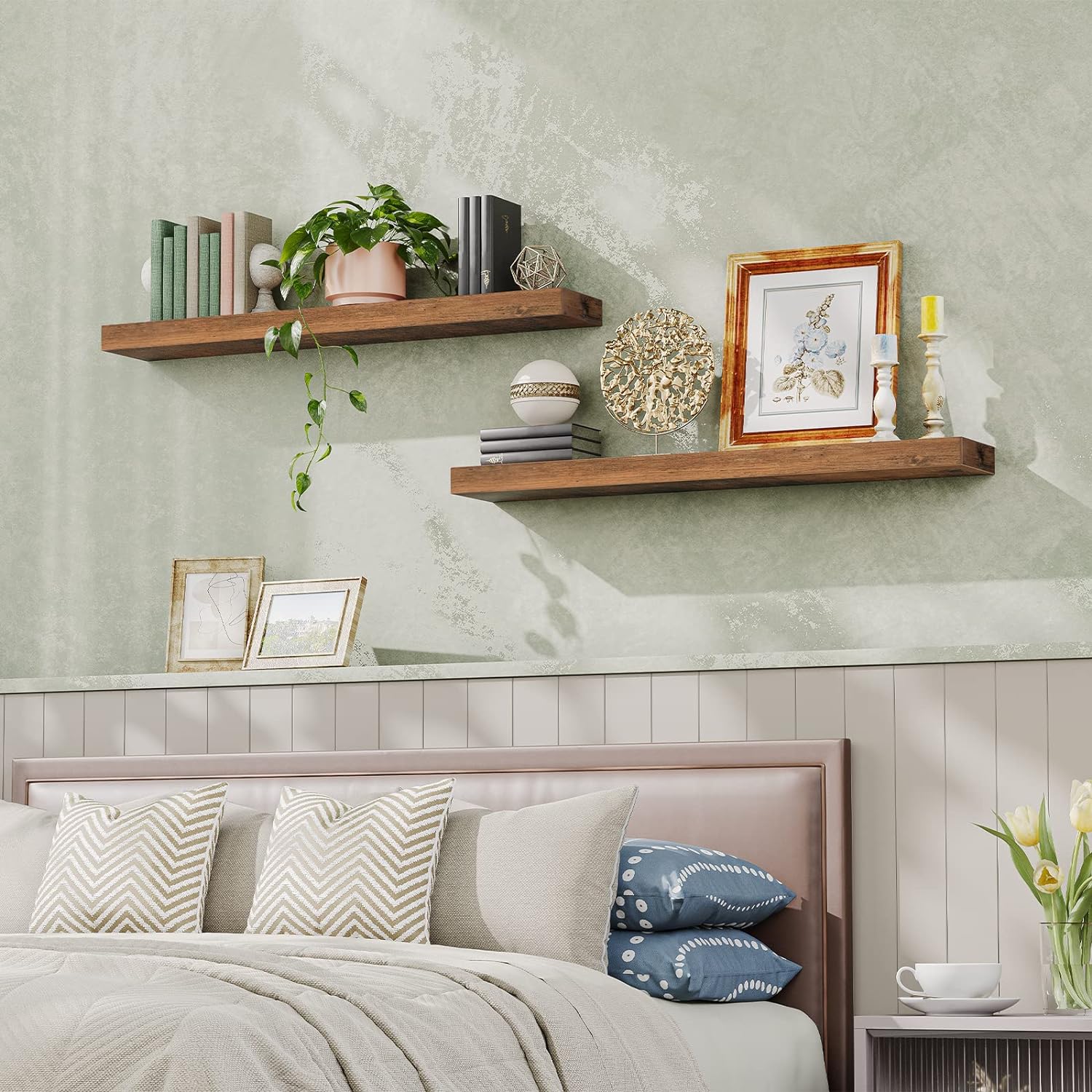 HOOBRO Floating Shelves for Wall, Wall Mounted Shelf Set of 2, 47.2" Hanging Shelf with Invisible Brackets, for Wall in Bathroom, Bedroom, Toilet, Kitchen, Living Room, Rustic Brown BF120BJP201