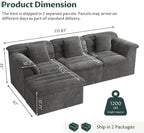 112" Modular Cloud Sectional Couch with Ottoman, Modern Upholstered Compressed Sofa with Deep Seat, Comfy L-Shape Corduroy Couches for Living Room, No Assembly Required, Dark Gray
