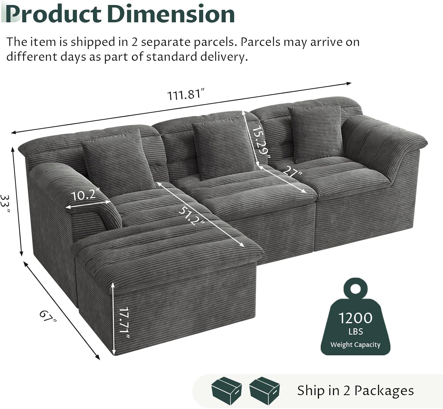 112" Modular Cloud Sectional Couch with Ottoman, Modern Upholstered Compressed Sofa with Deep Seat, Comfy L-Shape Corduroy Couches for Living Room, No Assembly Required, Dark Gray