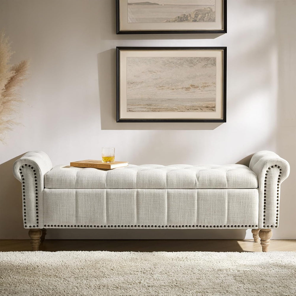 HULALA HOME Farmhouse Upholstered Storage Bench, End of Bed Bench with Vintag...
