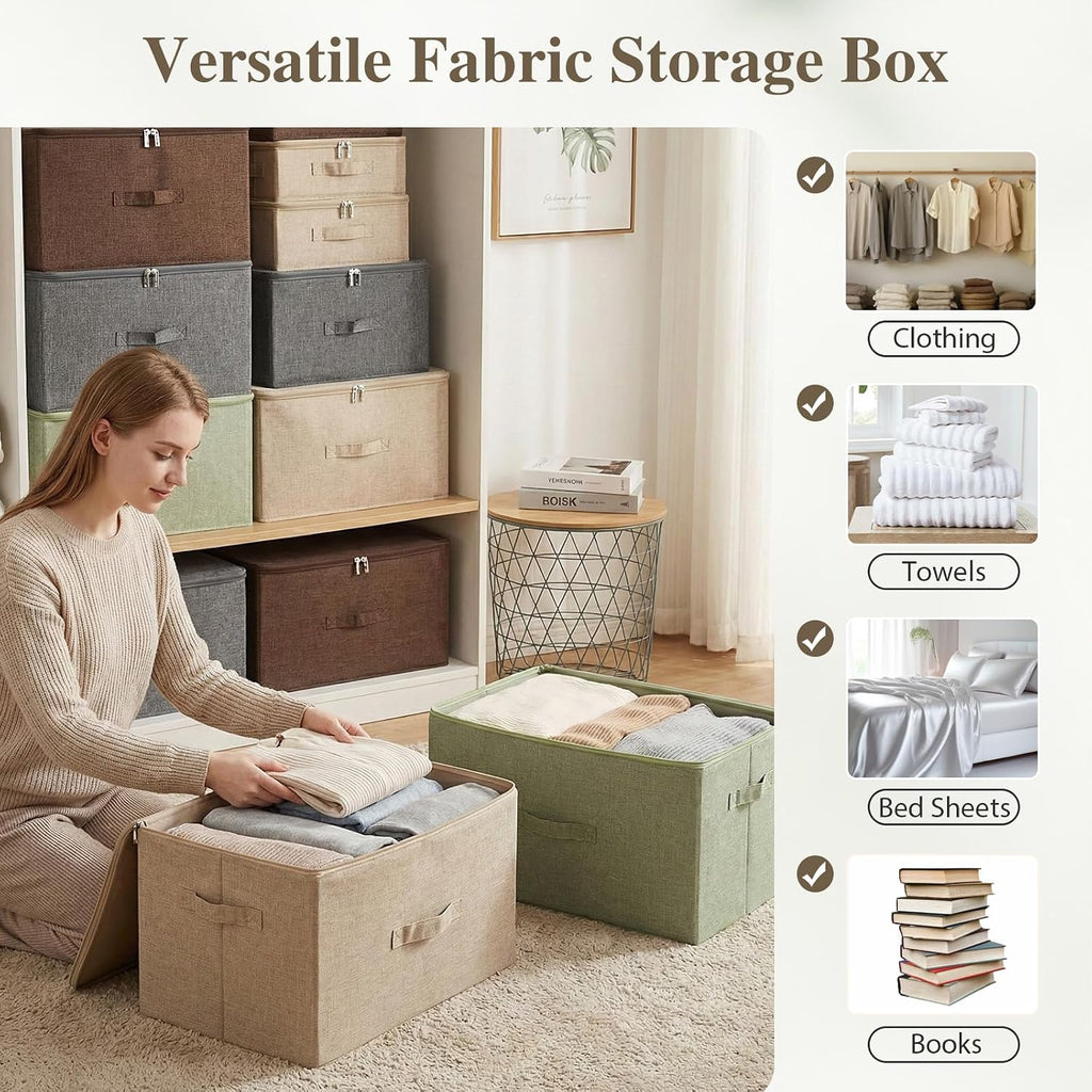 ANMINY Fabric Storage Bins with Zipper Lids, 20"x15"x12", Coffee, 1 PCS | 62.3Qt Cotton Linen Storage Box, PP Board Frame, Washable, Collapsible, with Handles & 3-side Open Lid, Stackable Extra Large