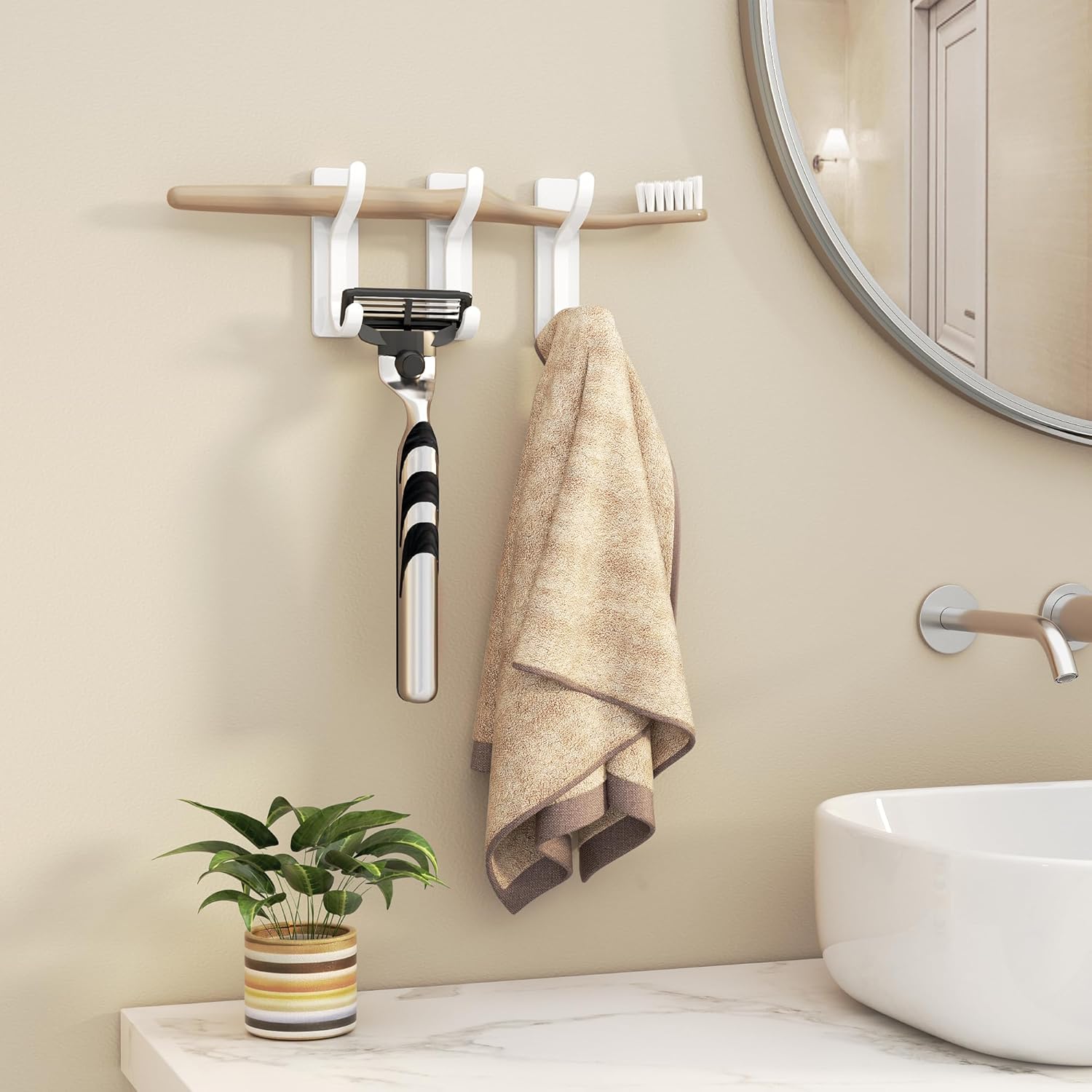 Self Adhesive Wall Hooks for Hanging - 6 Pack Stick On Holds 13 LB, Door Hooks for Towels, Coats, Purse, Jackets, Bags, Hangers for Shower, Dorm, RV, Bathroom, Kitchen - Stainless, Metal, White
