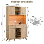 OKD 72" Tall Coffee Bar Cabinet, Fluted Wooden Wine Cabinet, Natural Oak | Power Outlets, Led Lights, 4 Stemware Racks, 9 Wine Racks, 3 Drawers, 4 Cabinets, 2 Open Shelf, Home Bar Storage