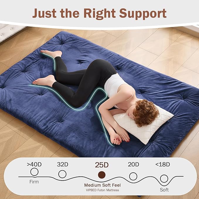 Japanese Floor Futon Mattress Twin Size 38"x 80", 2.5'' Thick Foldable Roll Up Floor Bed Sleeping Pad, 25D Foam Filled Tatami Mat with Straps for Guest Room, Dormitory & Camping, Blue