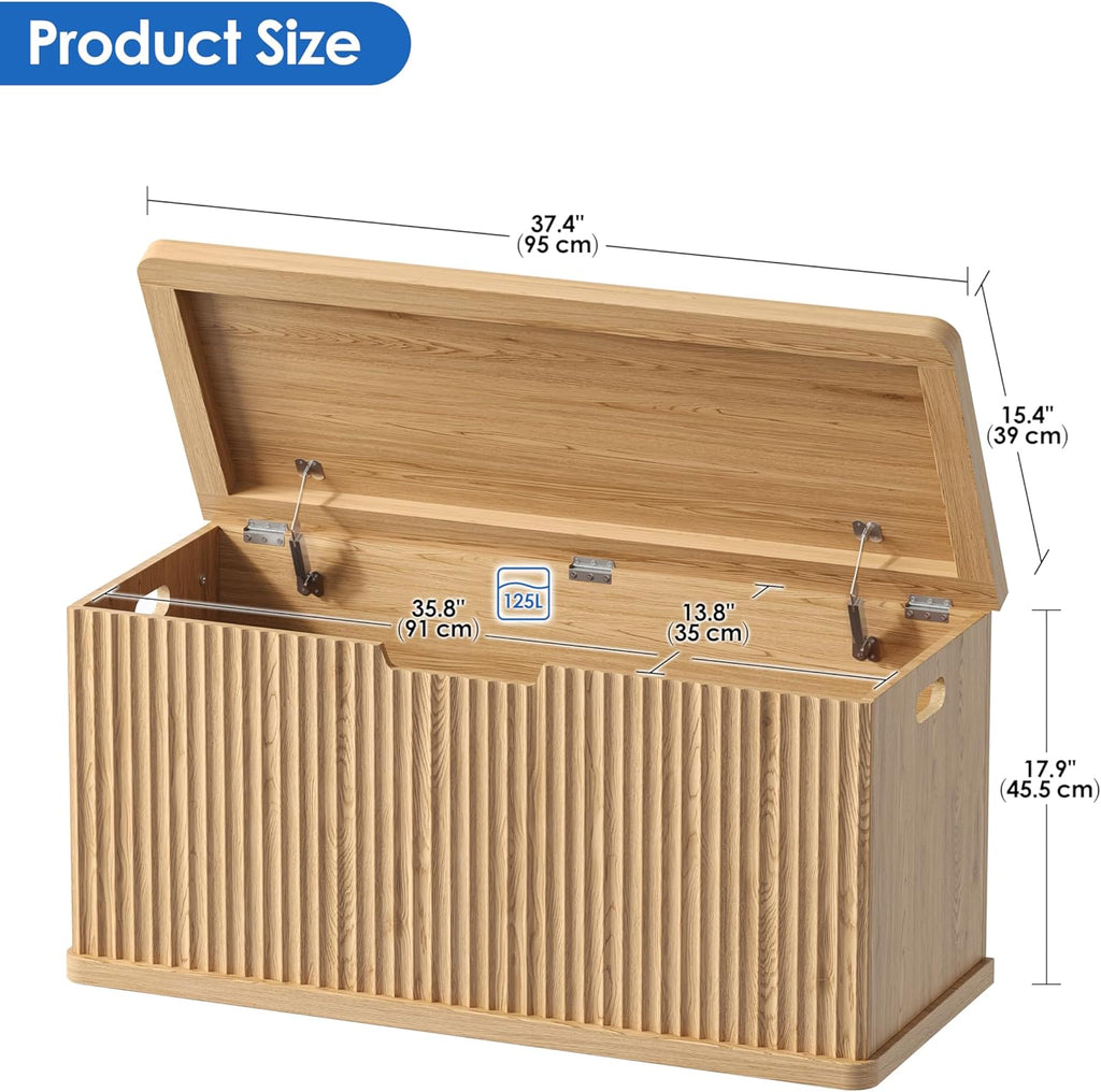 Akxomel 37.4" Fluted Storage Chest Wooden Storage Trunk 2 Safety Hinges Oak | Storage Chest with 2 Safety Hinges & Lift Top, Wooden Box Bench with Curved Profile, for Living Room, Entryway, Bedroom
